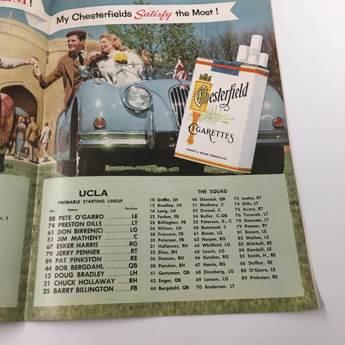 A photo of a couple in a vintage car alongside cigarette advertisements, taken from the September 14, 1956 UCLA Bruins The Goal Post Official Program.