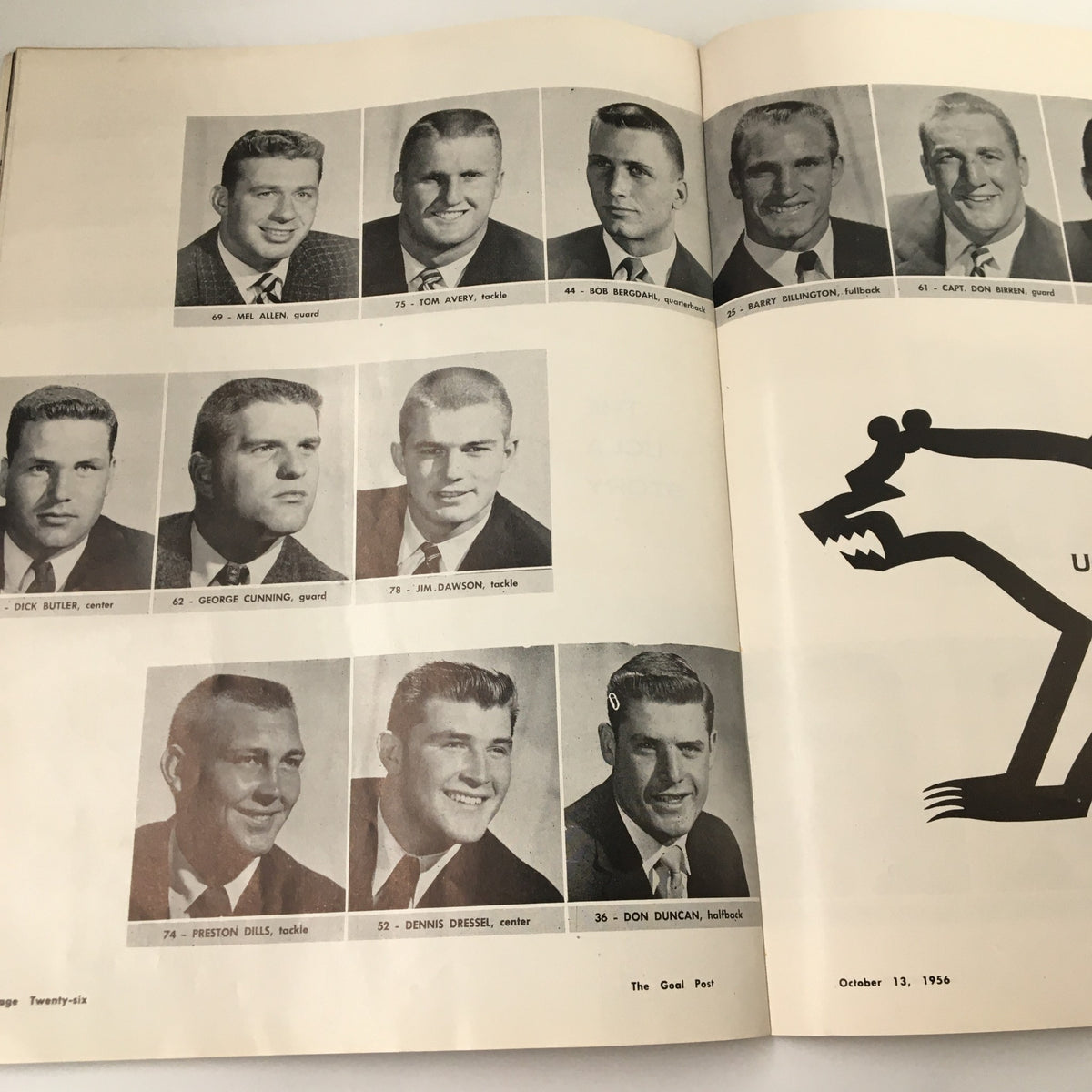 Photos of UCLA football players from the 1956 season, included in the September 14, 1956 NCAA Football UCLA Bruins The Goal Post Official Program.