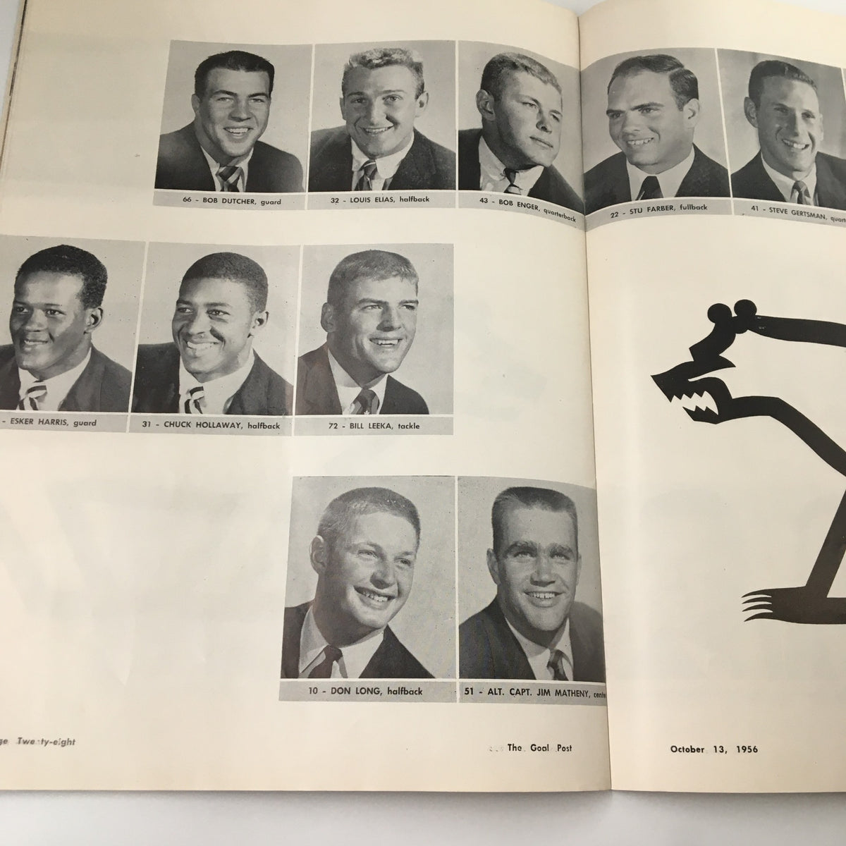 1956 UCLA Bruins The Goal Post Official Program page showcasing player portraits and the iconic bear logo.