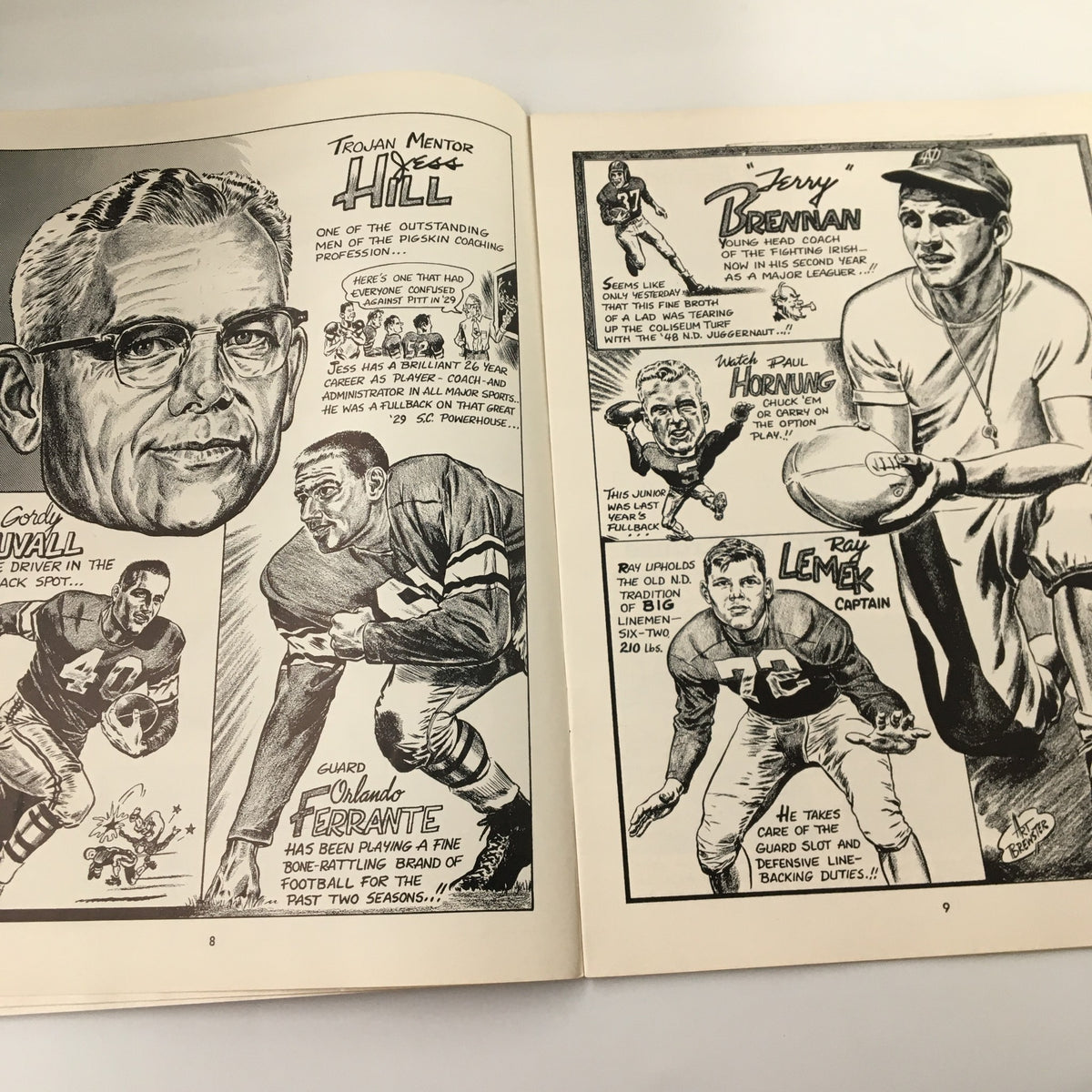 A double-page spread from the November 26, 1955 NCAA Football USC vs University of Notre Dame Pigskin Review, showcasing illustrations of legendary players and coaches involved in the historic game.