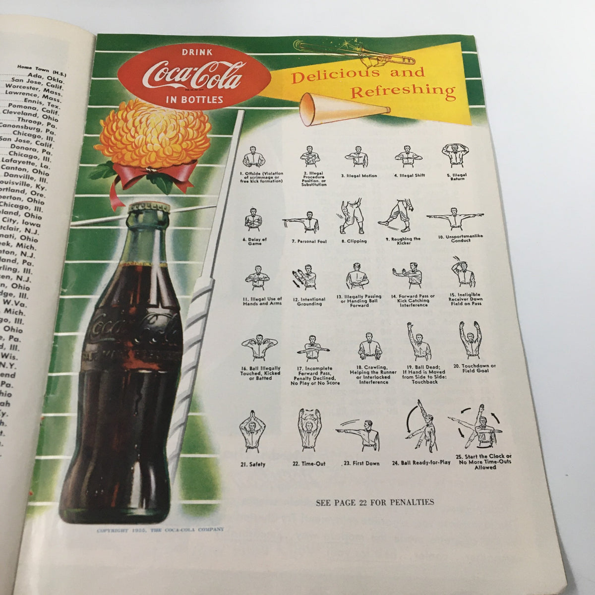Vintage advertisement for Coca-Cola featuring a bottle and game penalty signals, part of the November 26, 1955 NCAA Football USC vs. University of Notre Dame Pigskin Review magazine.