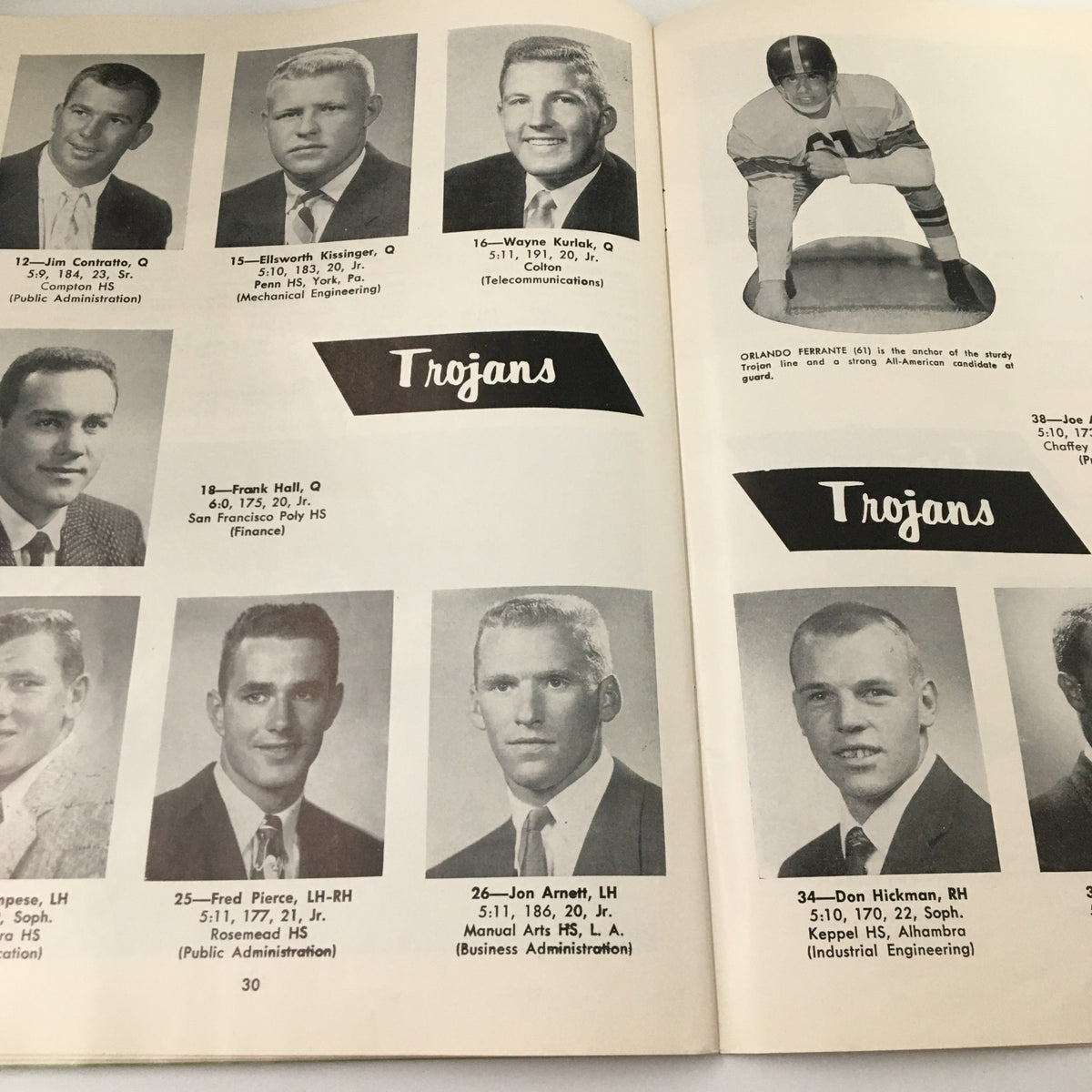 Image from November 26, 1955 NCAA Football USC vs University of Notre Dame Pigskin Review showing team member photographs including Jim Contartio, Ellsworth Kissinger, and Wayne Kurlak, highlighting the Trojans roster.