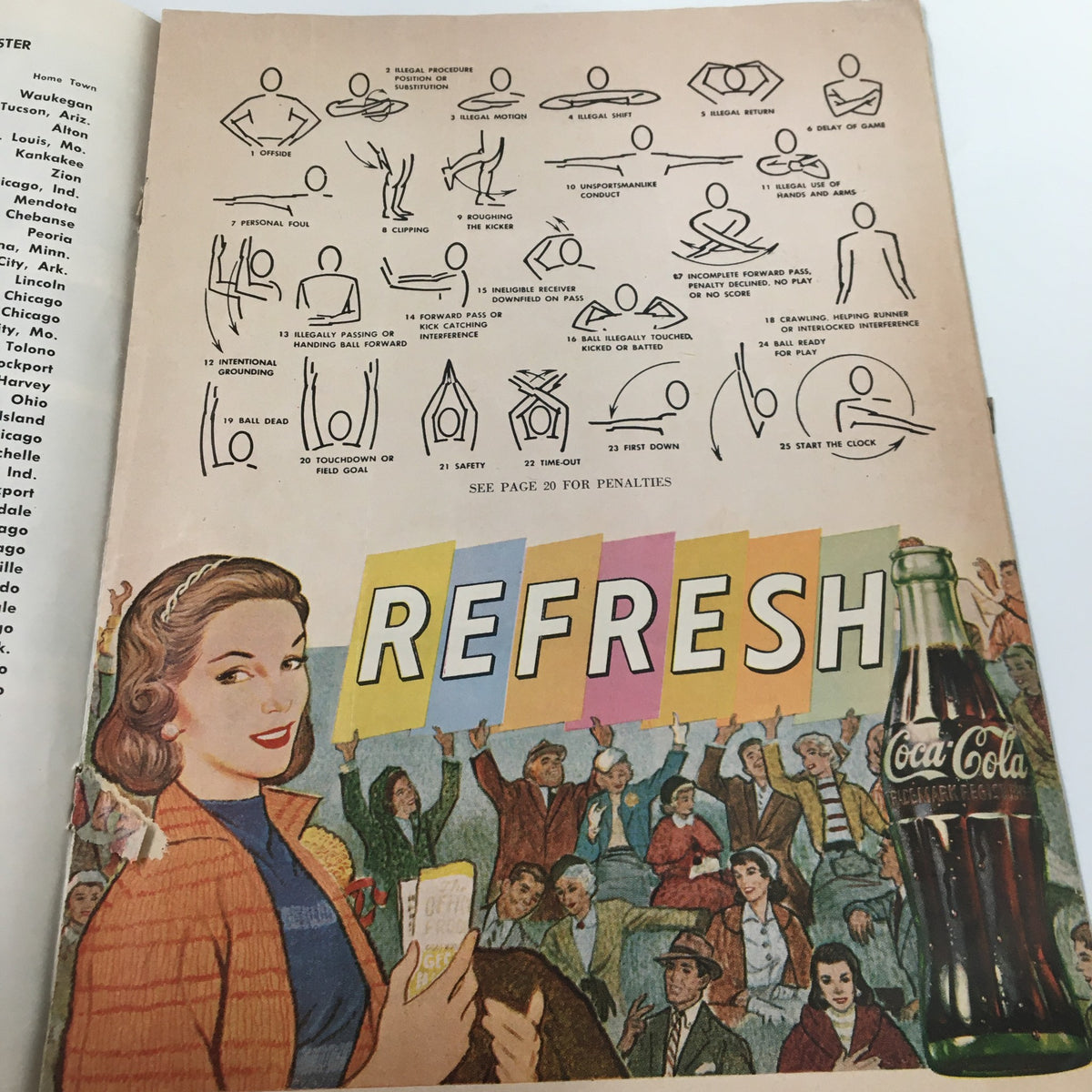 Colorful advertisement page featuring Coca-Cola and cheering fans from the September 27, 1957 NCAA Football Illinois vs UCLA The Goal Post Official Program.