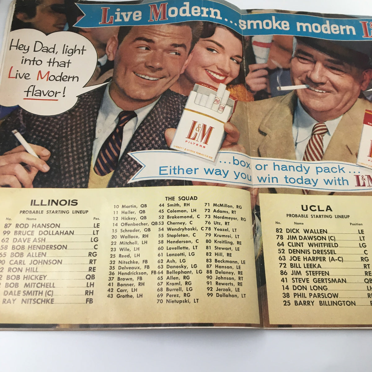 Vintage advertisement and game lineup featuring Illinois roster for the September 27, 1957 NCAA Football Illinois vs UCLA The Goal Post Official Program.