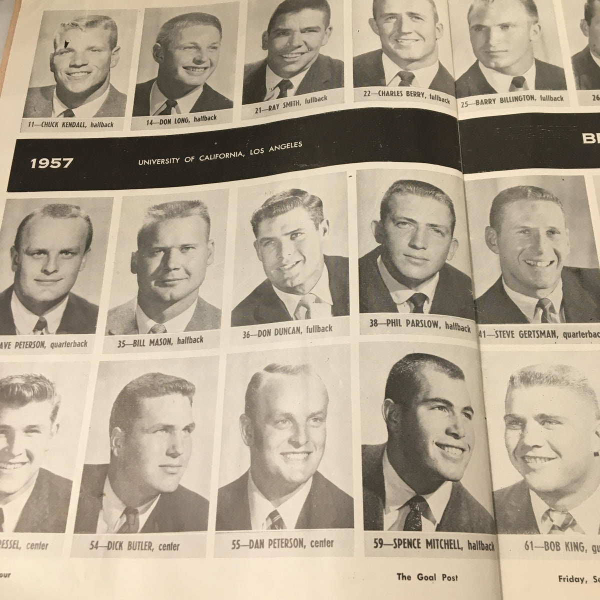 1957 team photos highlighting the University of California football players for the September 27, 1957 NCAA Football Illinois vs UCLA The Goal Post Official Program.