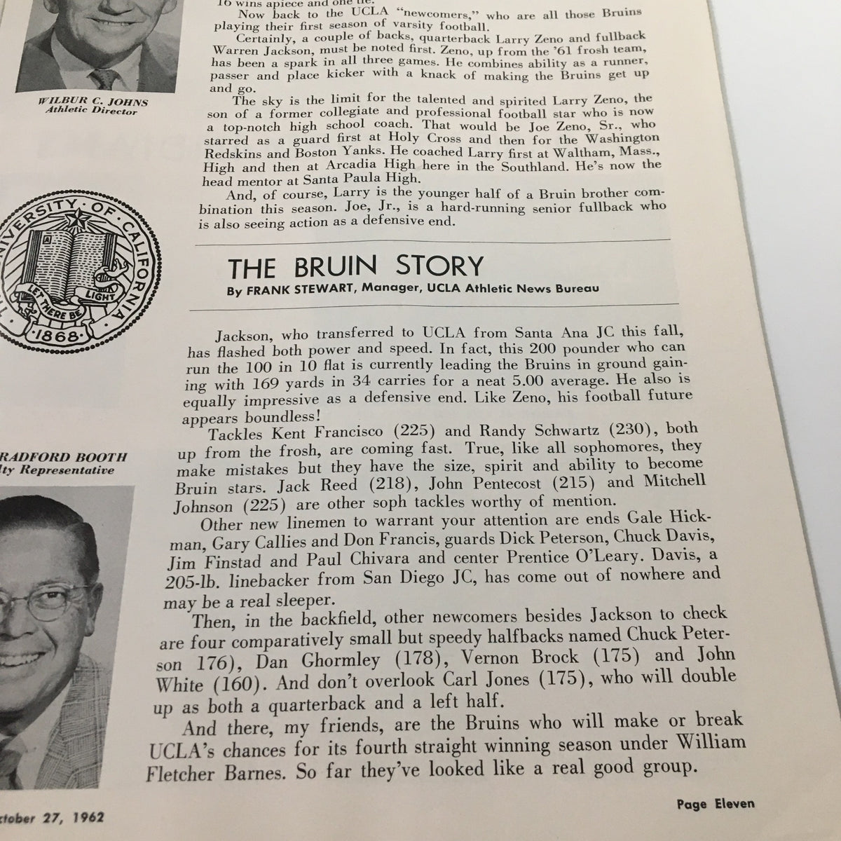 October 27 1962 NCAA Football Stanford vs UCLA Official Program page featuring UCLA talent and lineup, showcasing player information and historical context.