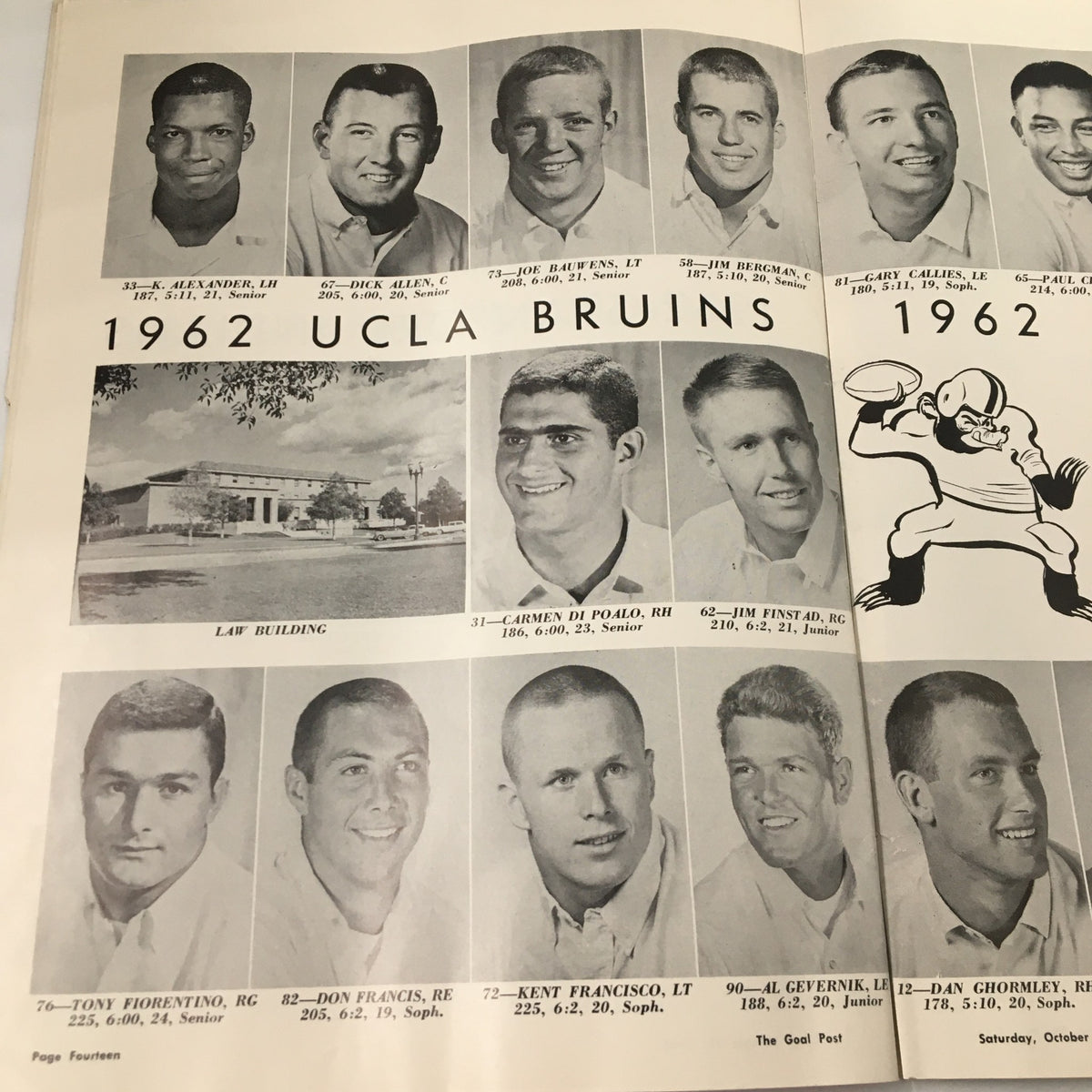 October 27 1962 NCAA Football Stanford vs UCLA Official Program page displaying UCLA Bruins' roster with player photos and details.