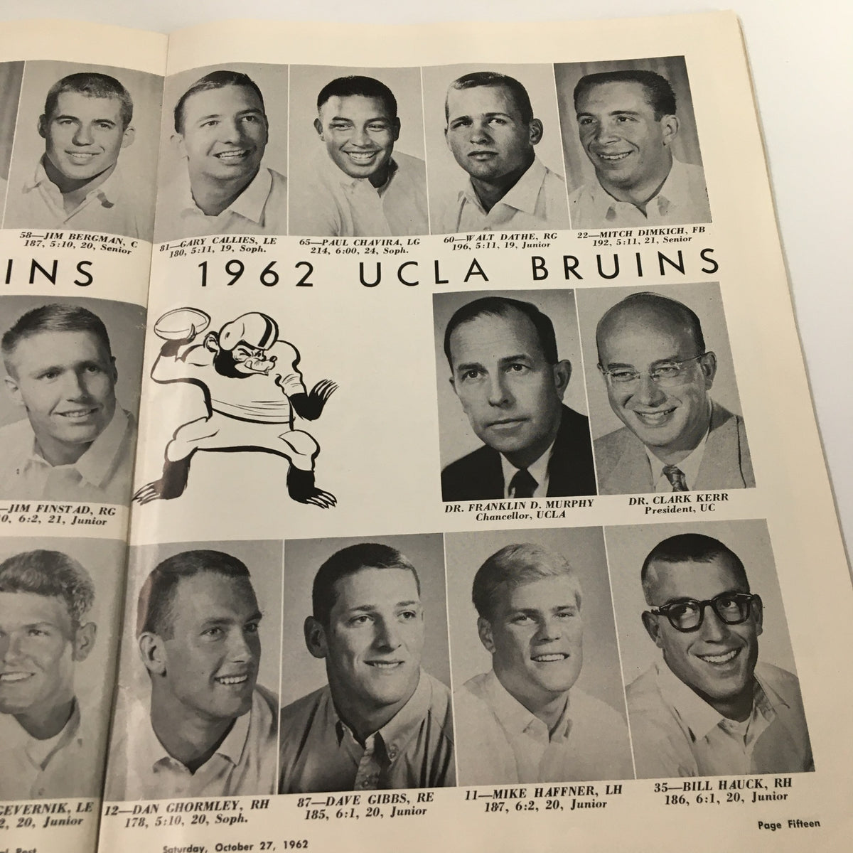 October 27 1962 NCAA Football Stanford vs UCLA Official Program page with UCLA Bruins' player images and statistics for the game.