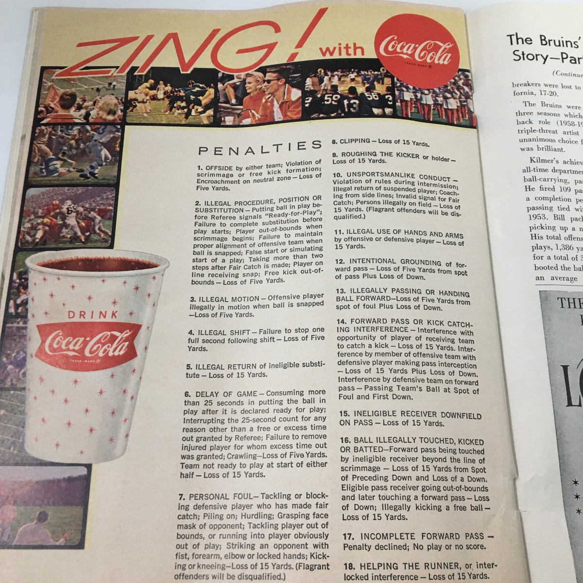 October 27 1962 NCAA Football Stanford vs UCLA Official Program showcasing penalties and rules related to the game, with advertisements including Coca-Cola.
