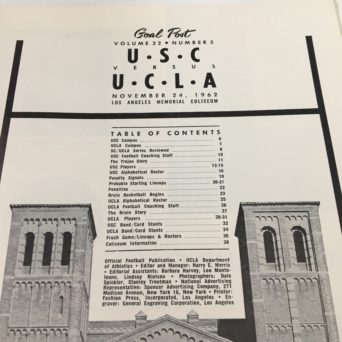 Table of contents from the November 24 1962 NCAA Football SC vs UCLA The Goal Post Official Program, listing various sections related to the game.