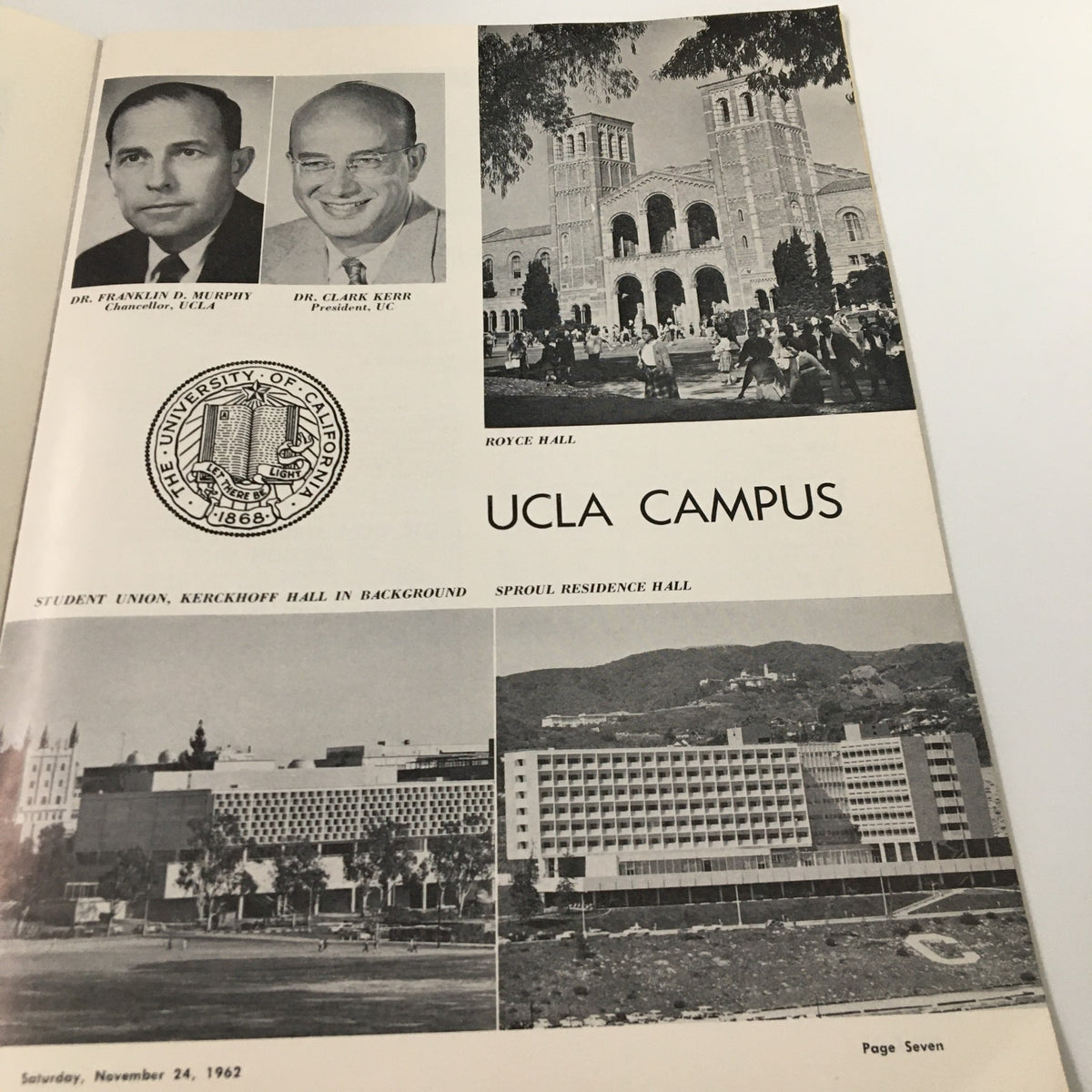 Page from the November 24 1962 NCAA Football SC vs UCLA The Goal Post Official Program featuring historical images of the UCLA campus and prominent figures.