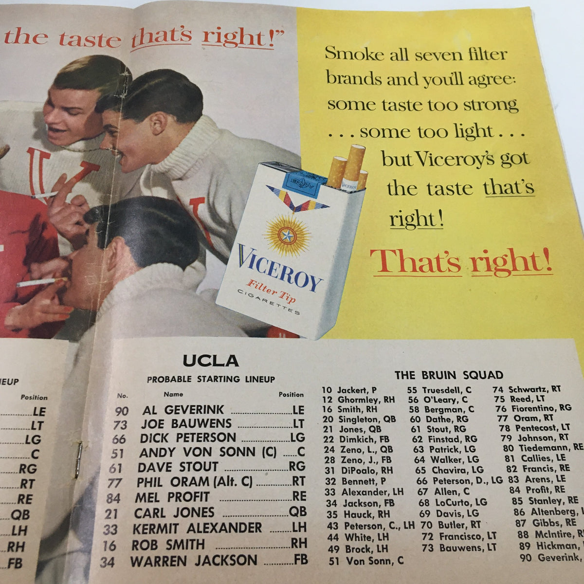 1962 NCAA Football SC vs UCLA program page highlighting UCLA's probable starting lineup and advertisement for Viceroy cigarettes.