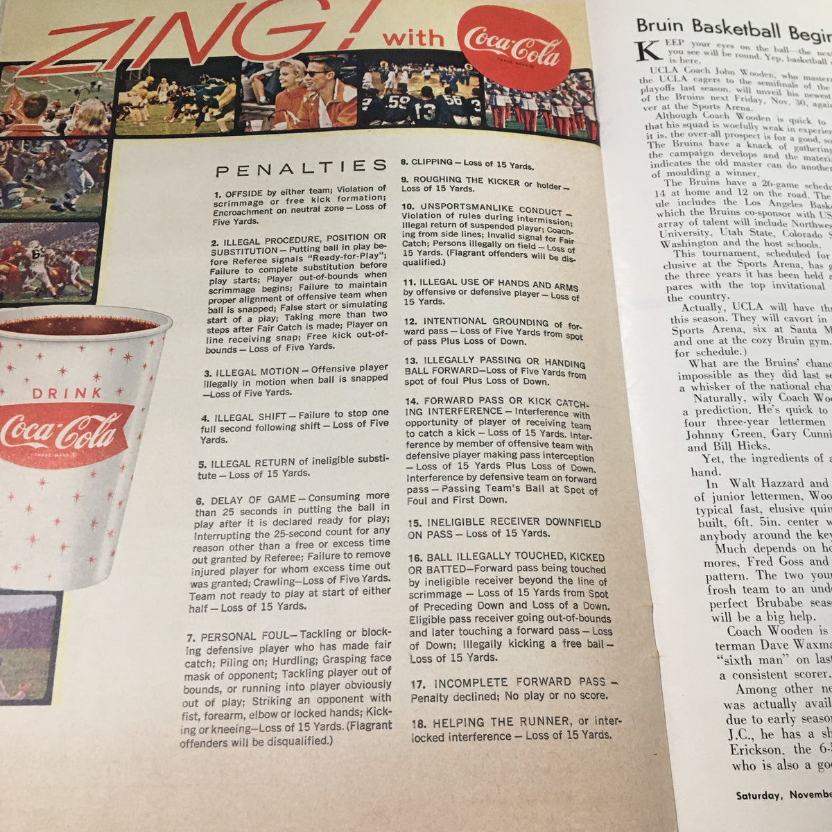 1962 NCAA Football SC vs UCLA program page discussing penalties in college football and featuring a Coca-Cola advertisement.