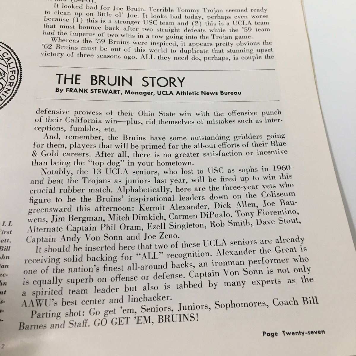November 24, 1962 NCAA Football SC vs UCLA The Goal Post Official Program page featuring the story titled 'The Bruin Story' highlighting UCLA Athletic News Bureau.