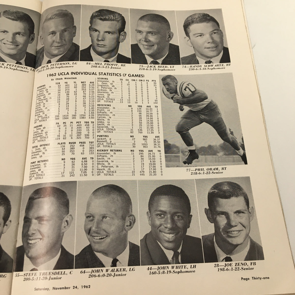November 24, 1962 NCAA Football SC vs UCLA The Goal Post Official Program page showing more UCLA player portraits and detailed individual statistics for the 1962 season.