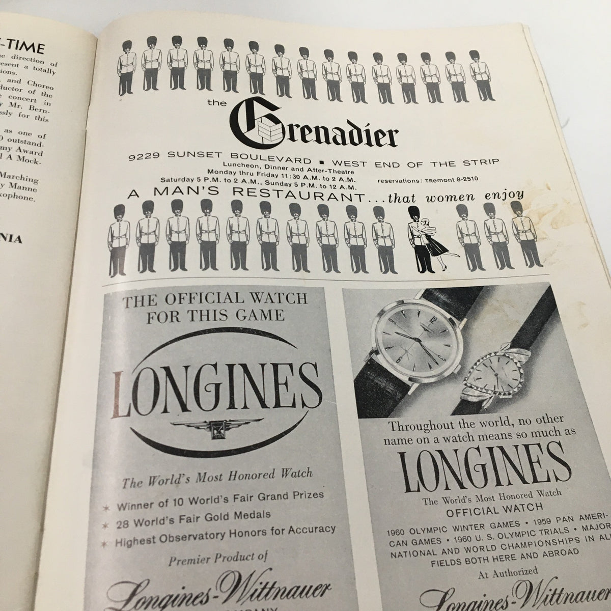 Inside page from November 24, 1962 NCAA Football SC vs UCLA The Goal Post Official Program featuring advertisements for The Grenadier restaurant and Longines watches, showcasing a vintage design.