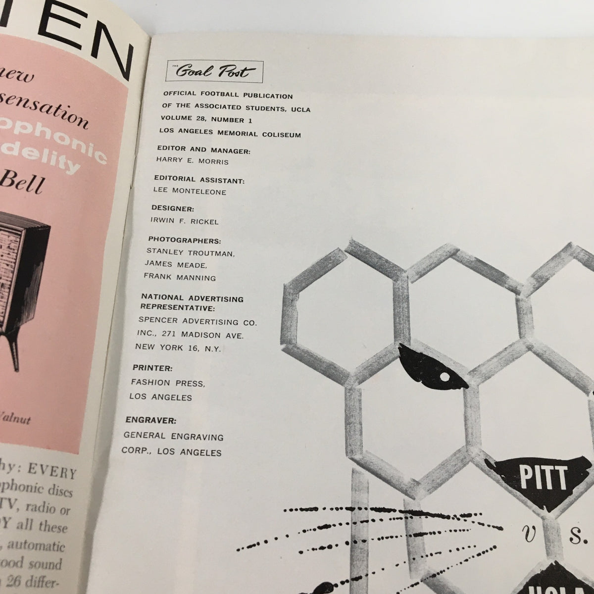 Inside page of the September 20, 1958 NCAA Football program 'The Goal Post' showing editorial details and contributors for UCLA football.