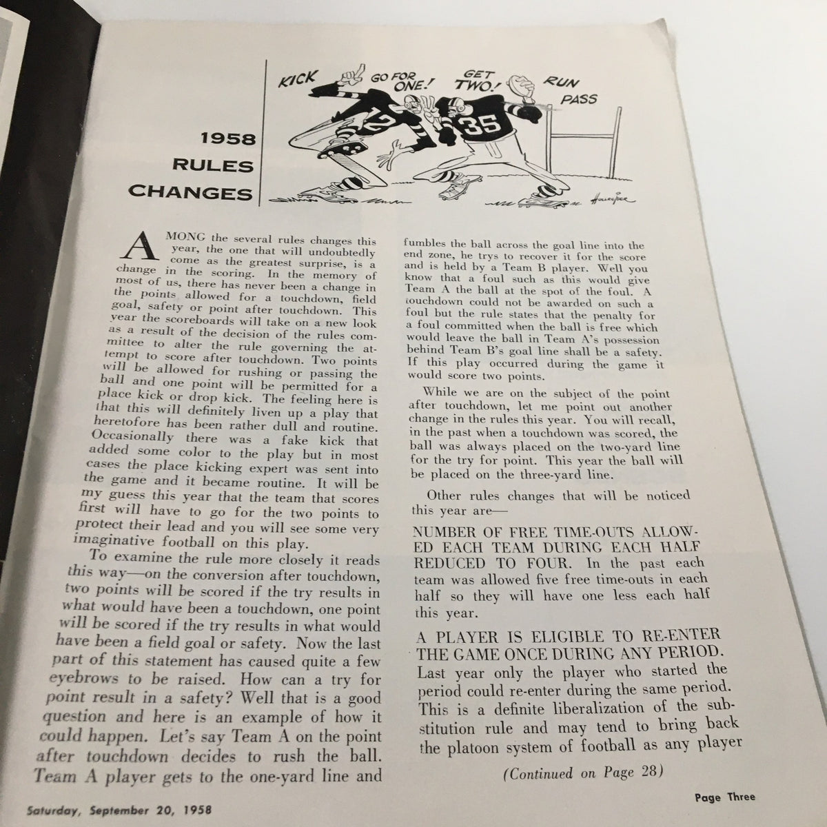 Page of the September 20, 1958 NCAA Football program 'The Goal Post' discussing 1958 rules changes in football.