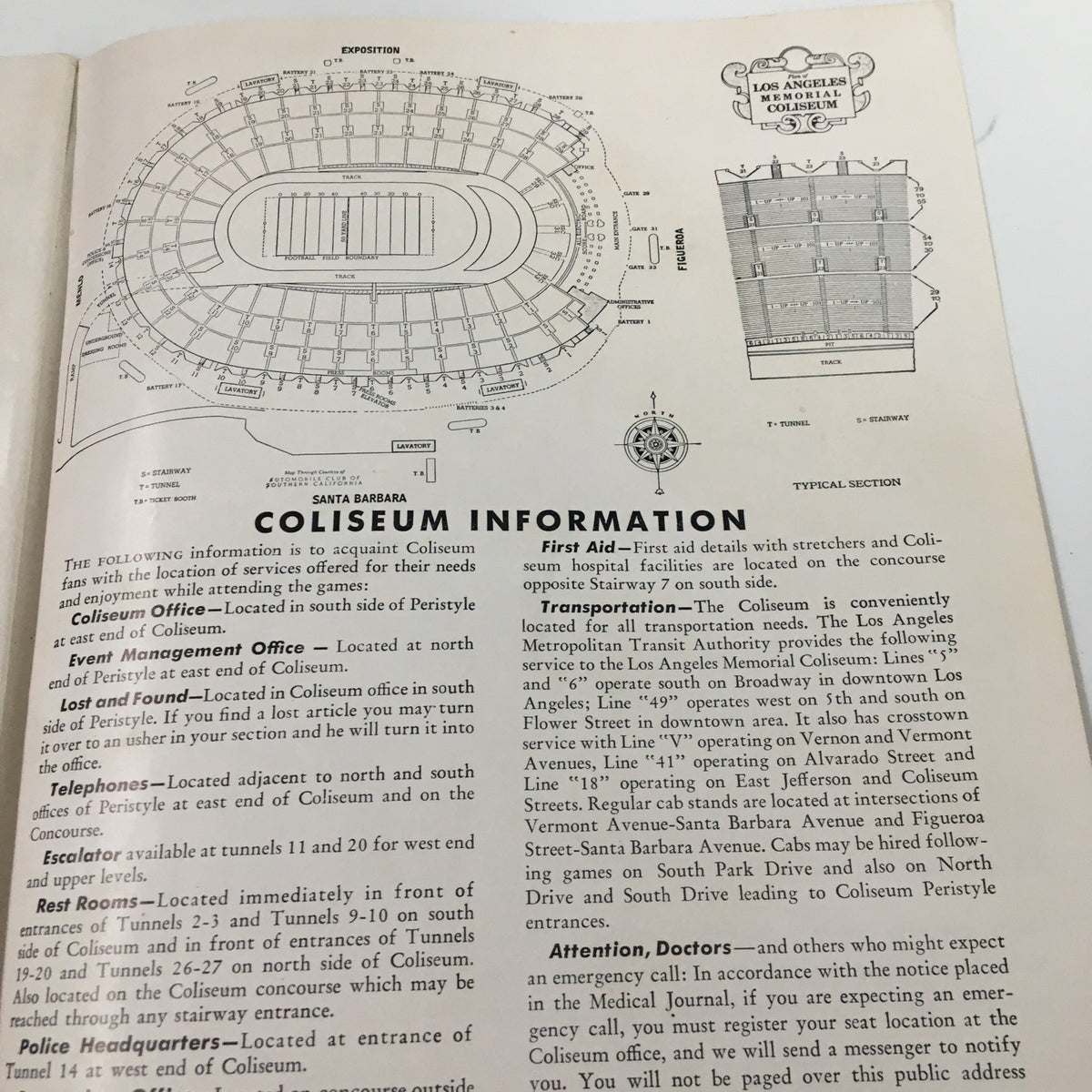 Seating map and coliseum information from the September 20 1958 NCAA Football Pittsburgh vs UCLA The Goal Post Program.