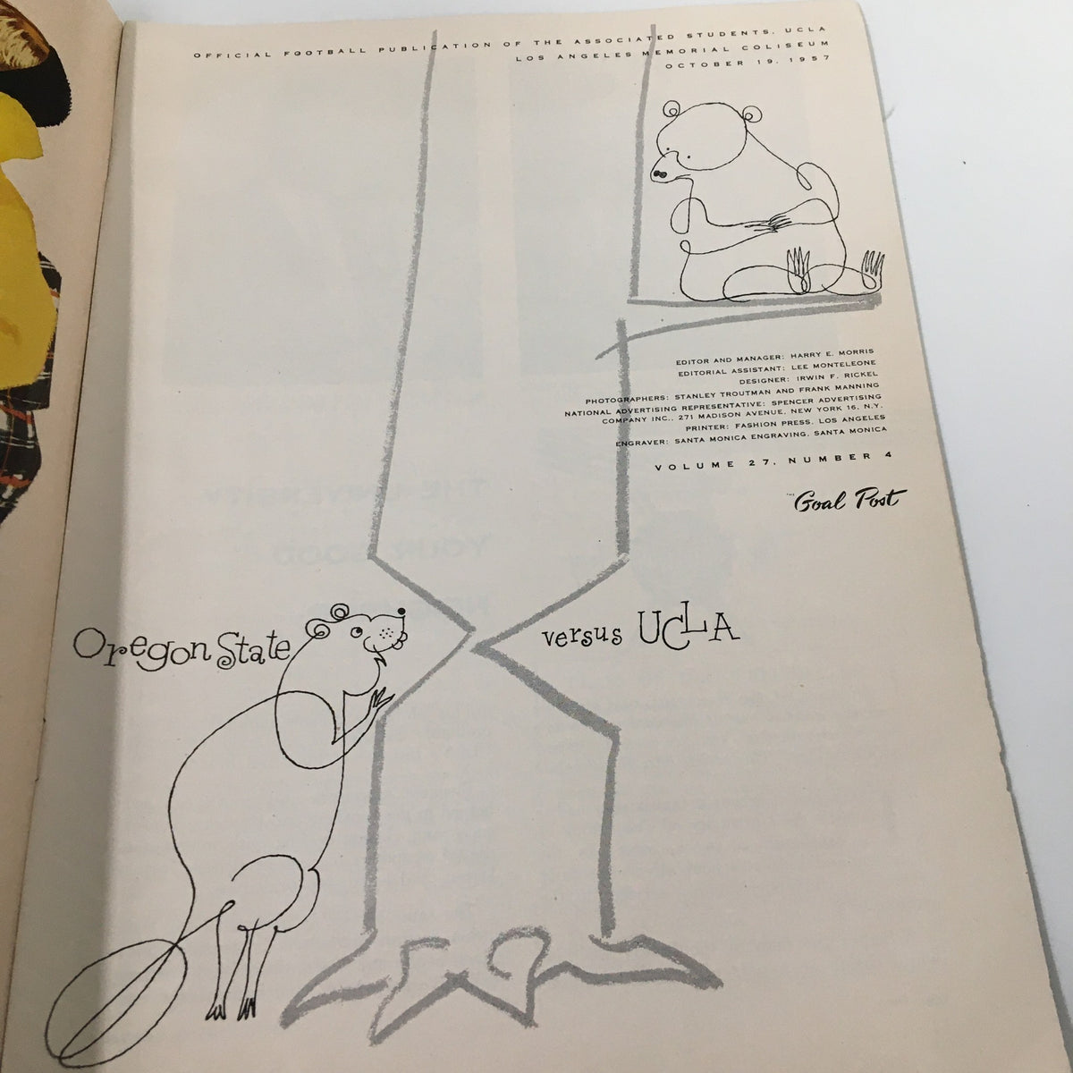 Interior page of the October 19, 1957 NCAA Football Program showcasing a unique illustration highlighting the match between Oregon State and UCLA, featuring cartoon bears.