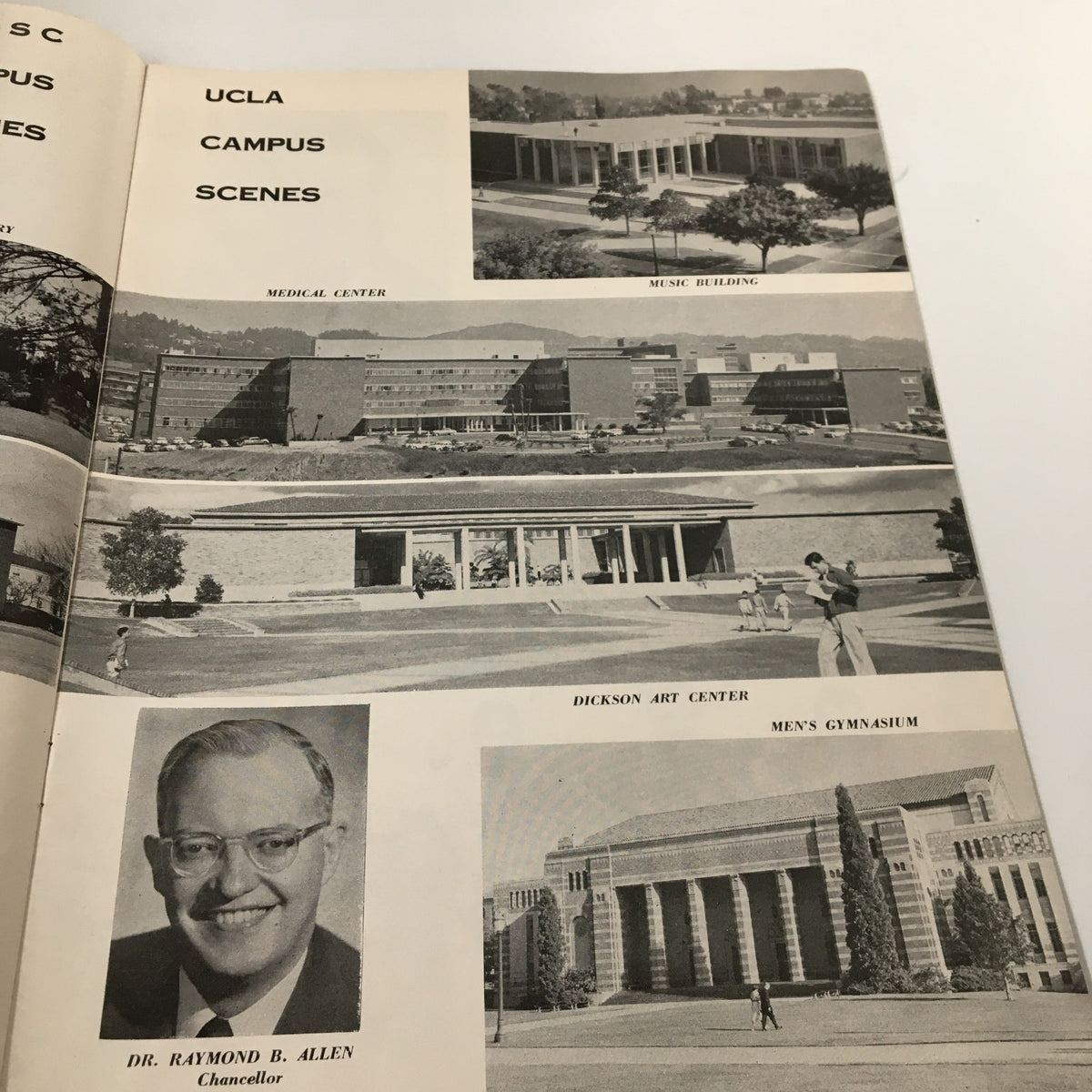 UCLA Campus Scenes featured in the October 19, 1957 NCAA Football Program - Oregon State vs UCLA, showcasing the Medical Center, Music Building, Dickson Art Center, and Men's Gymnasium.