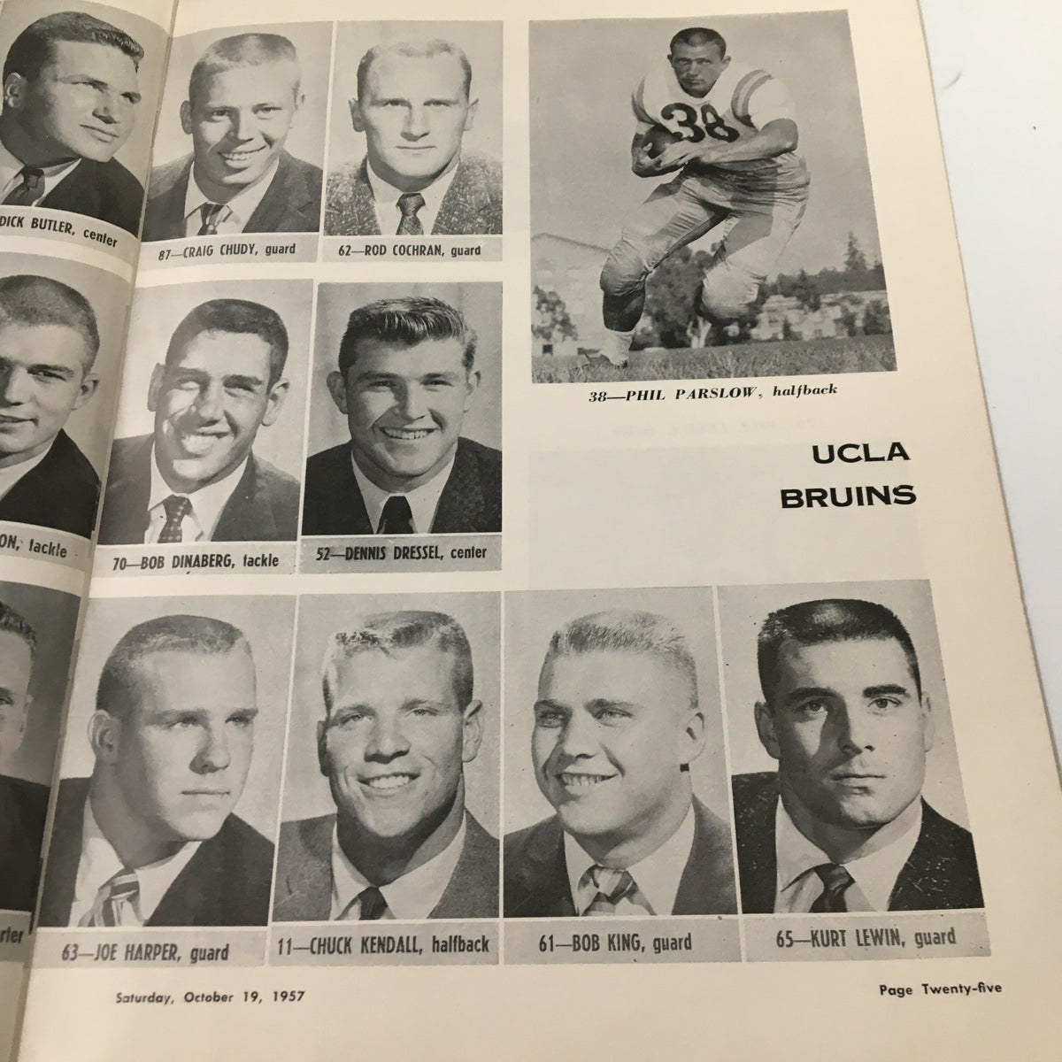 Additional UCLA Bruins player headshots in the October 19, 1957 NCAA Football Program - Oregon State vs UCLA, featuring Phil Parson and more.