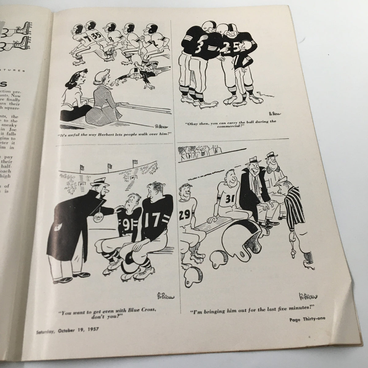 October 19, 1957 NCAA Football Program - Oregon State vs UCLA displaying a humorous cartoon featuring football players and a referee, capturing the spirit of college football.
