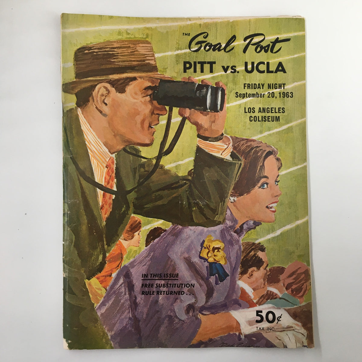 Cover of the official program for the September 20 1963 NCAA Football game between Pitt and UCLA, featuring vibrant illustration of a man using binoculars and a woman, titled "The Goal Post".