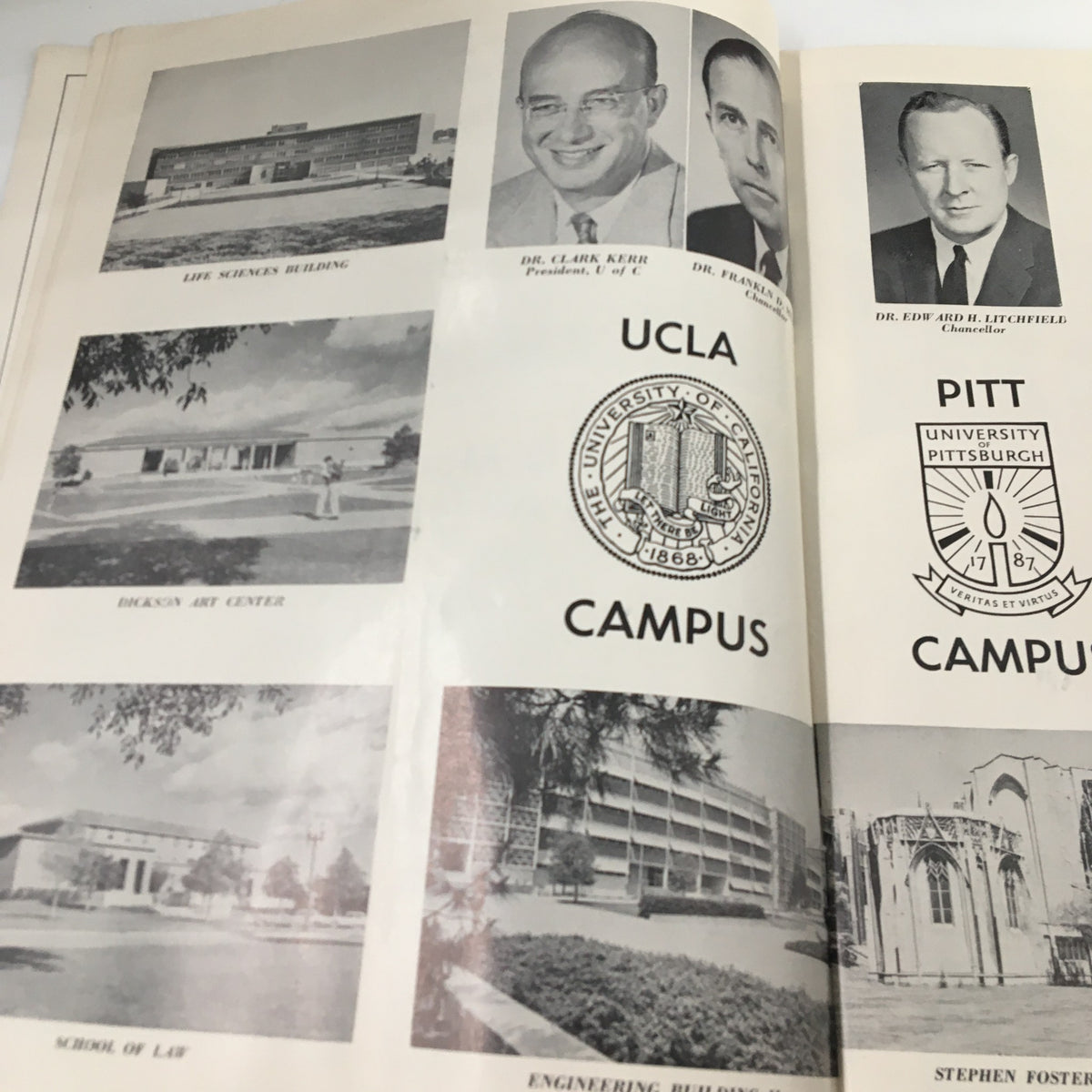 Inside the September 20 1963 NCAA Football Pitt vs UCLA The Goal Post Official Program showcasing UCLA and Pitt campus buildings with key figures from the universities.