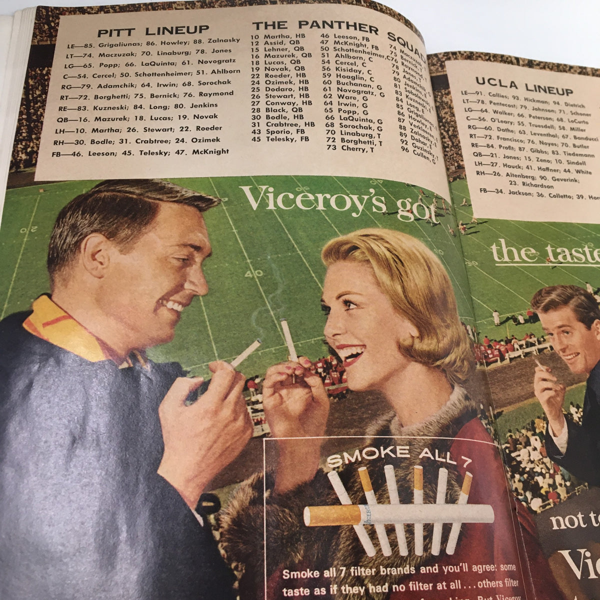 Pitt lineup section in the September 20 1963 NCAA Football Pitt vs UCLA The Goal Post Official Program, highlighting player statistics and advertising for Viceroy cigarettes.