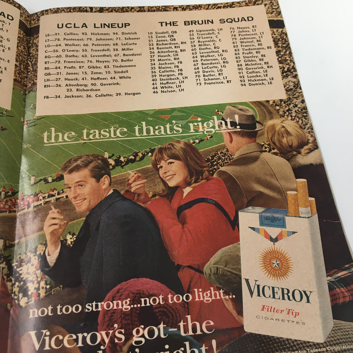 UCLA lineup section in the September 20 1963 NCAA Football Pitt vs UCLA The Goal Post Official Program, displaying player information alongside a Viceroy cigarette ad.