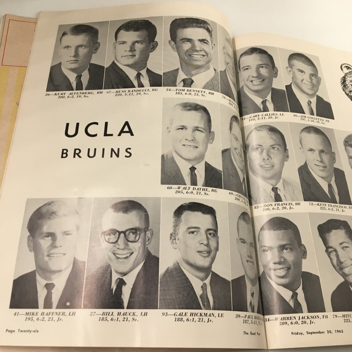 Official program from September 20 1963 NCAA Football game between Pitt and UCLA featuring team rosters for UCLA Bruins.