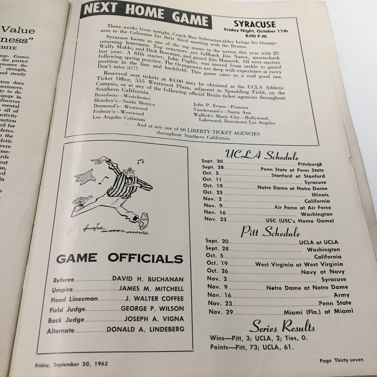 Next home game schedule and game officials listed in the September 20 1963 NCAA Football Pitt vs UCLA The Goal Post Official Program.