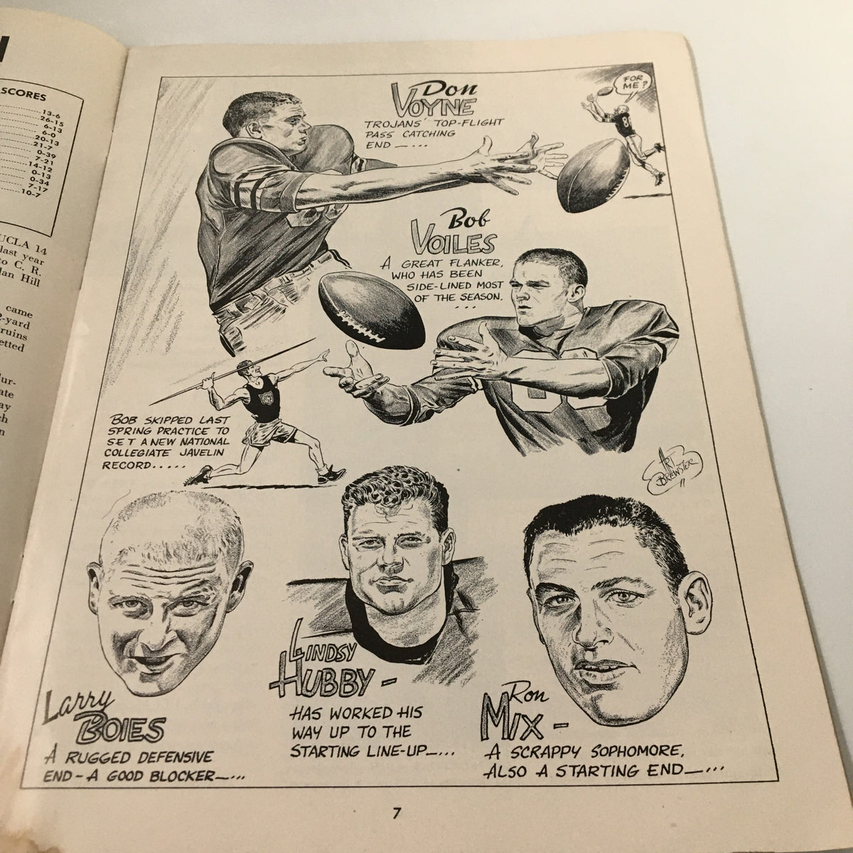 Illustrations of key players from the November 23 1957 NCAA Football SC Trojans vs UCLA Bruins Pigskin Review, showcasing the athletes participating in the legendary game.