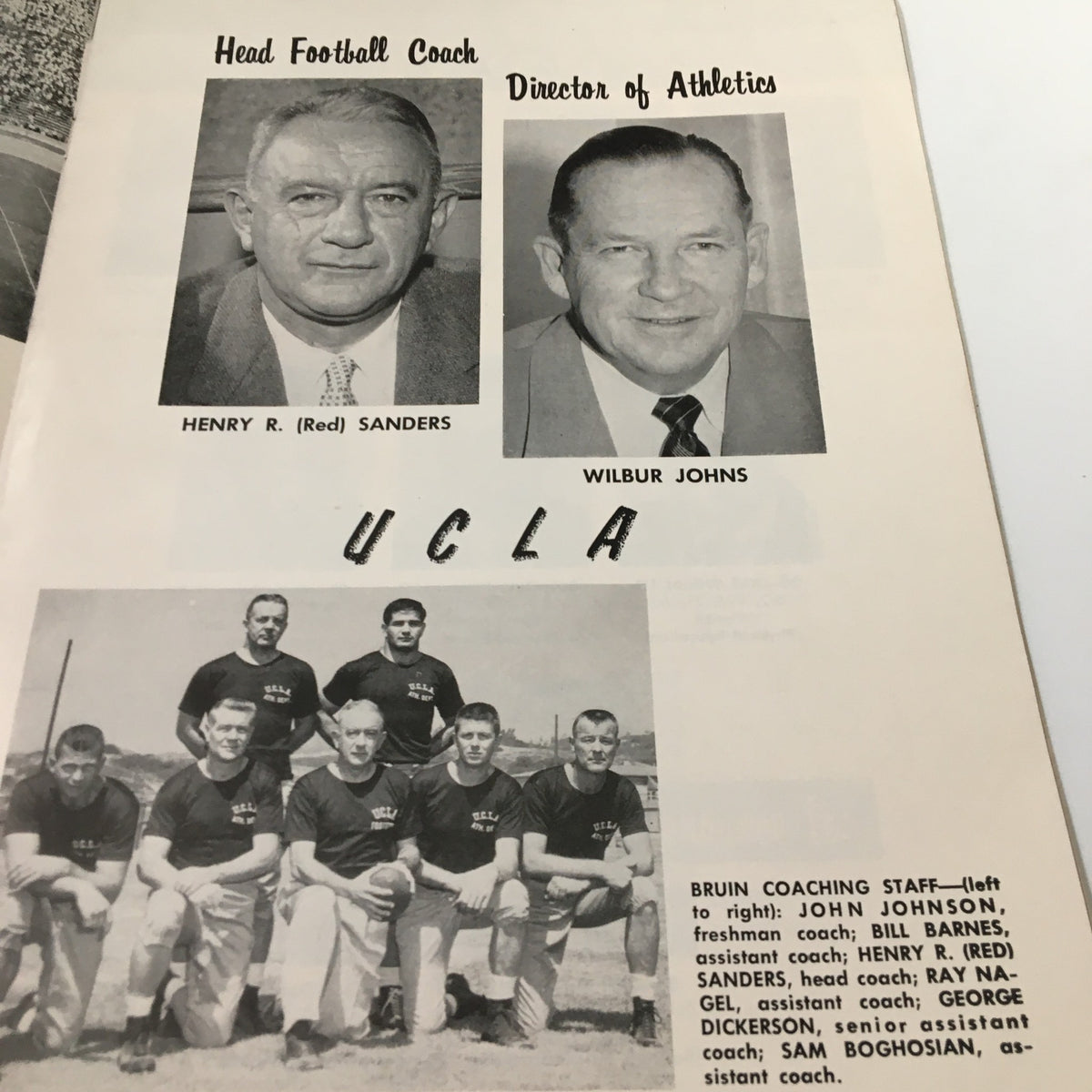 Head Coach Henry R. Sanders and Director of Athletics Wilbur Johns featured in the November 23 1957 NCAA Football SC Trojans vs UCLA Bruins Pigskin Review. They represent UCLA's football leadership during a historic matchup.