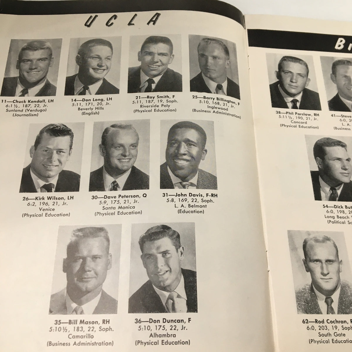 UCLA football players and coaching staff, including Chuck Kendall, Dan Leag, and Roy Smith, in the November 23 1957 NCAA Football SC Trojans vs UCLA Bruins Pigskin Review. This page highlights key team members in a classic college football era.