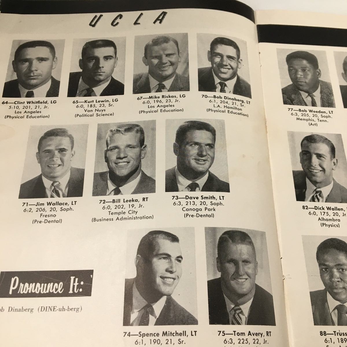 Images of UCLA football players including Clive Whitberg and Jim Wallace from the November 23 1957 NCAA Football SC Trojans vs UCLA Bruins Pigskin Review. It captures the athletic talent from a significant college football rivalry.