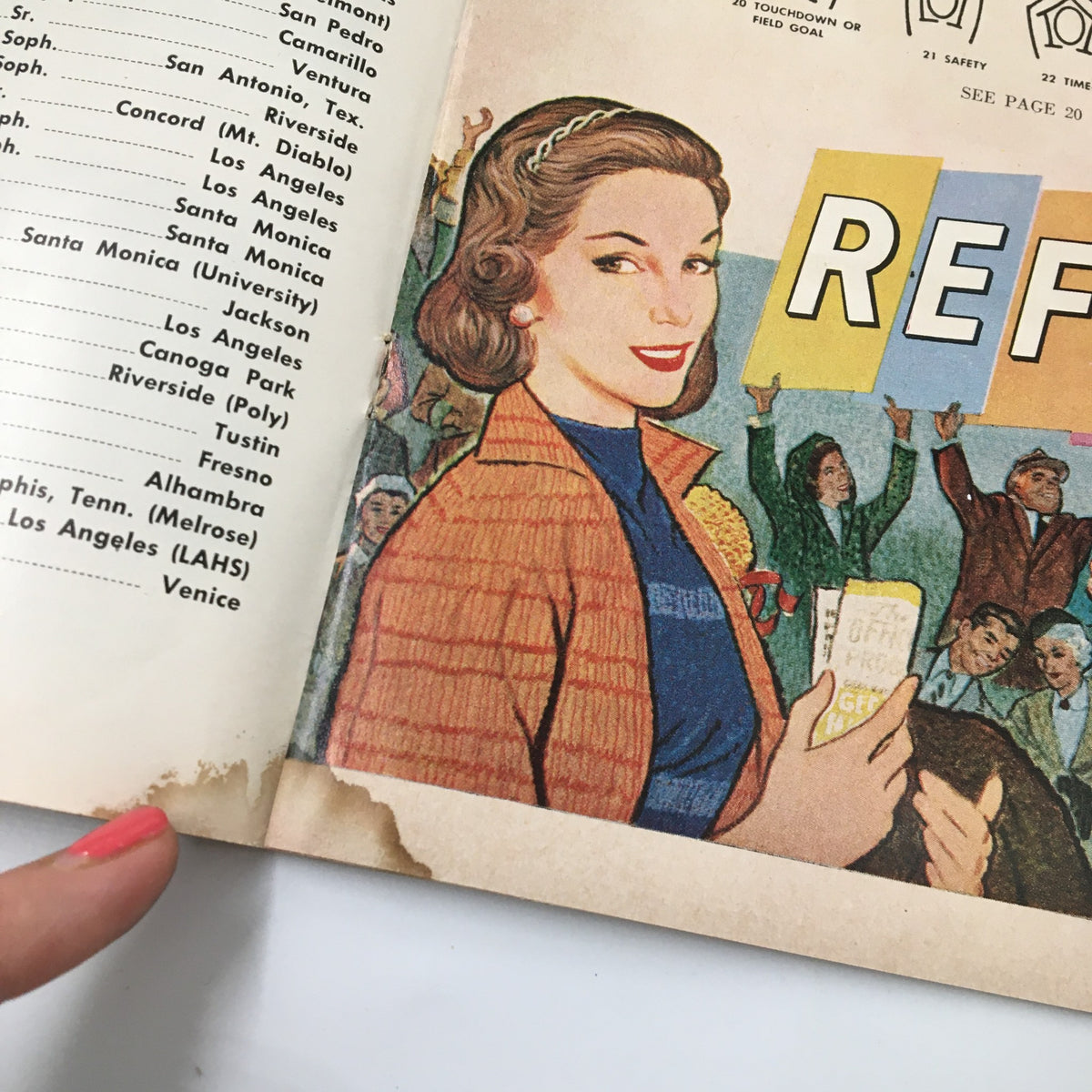 November 23 1957 NCAA Football SC Trojans vs UCLA Bruins Pigskin Review showing a woman with a cookbook, featuring vintage art and details from the era.