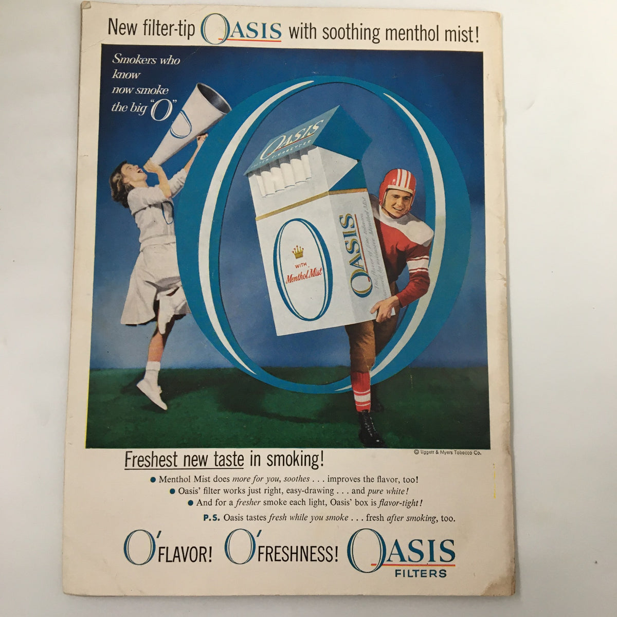 Vintage advertisement for Oasis Filters from the November 23 1957 NCAA Football SC Trojans vs UCLA Bruins Pigskin Review, featuring a sports-themed illustration promoting fresh smoking.