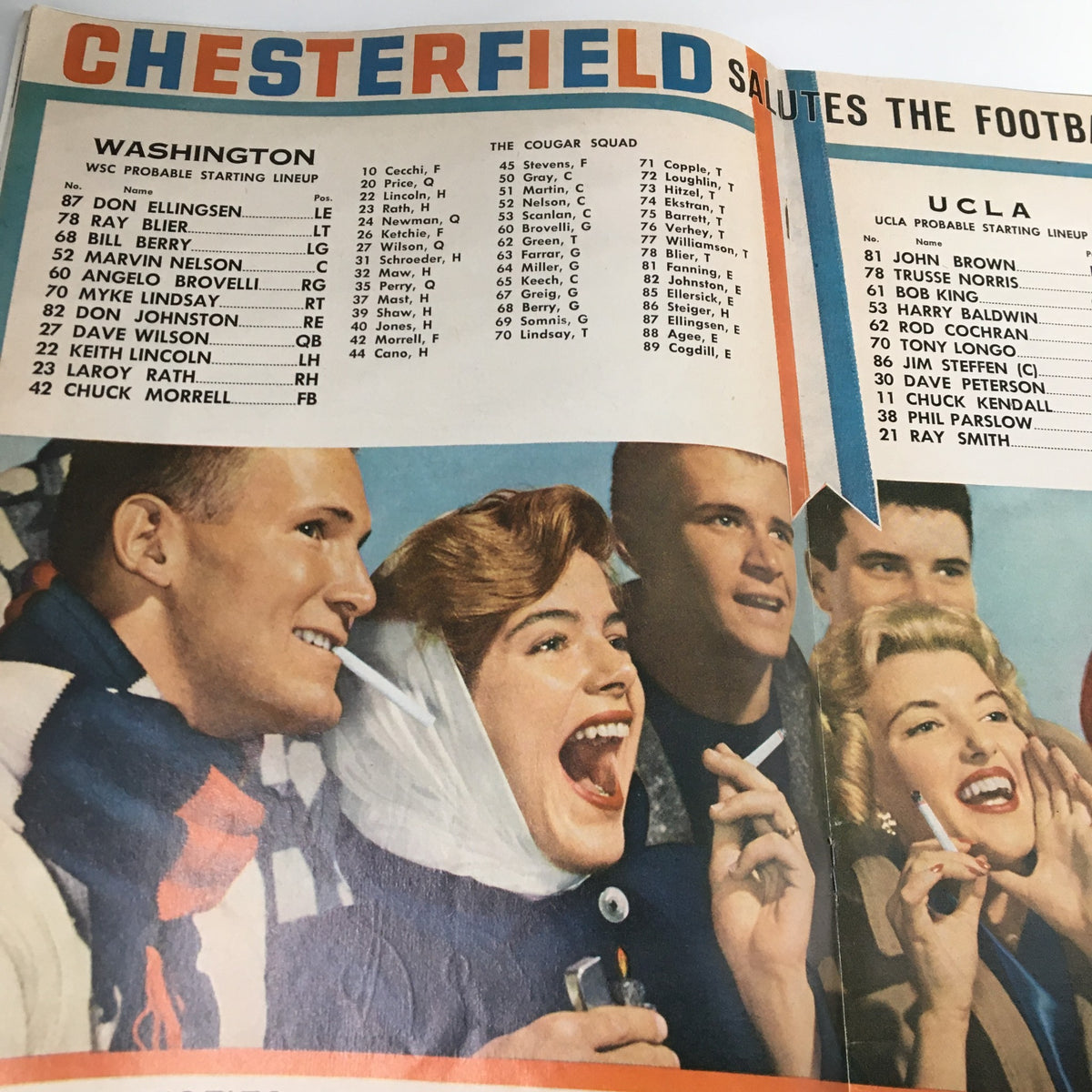 Another inside page of 'The Goal Post' from November 1, 1958 NCAA Football, displaying team lineups for Washington and UCLA with enthusiastic fans.
