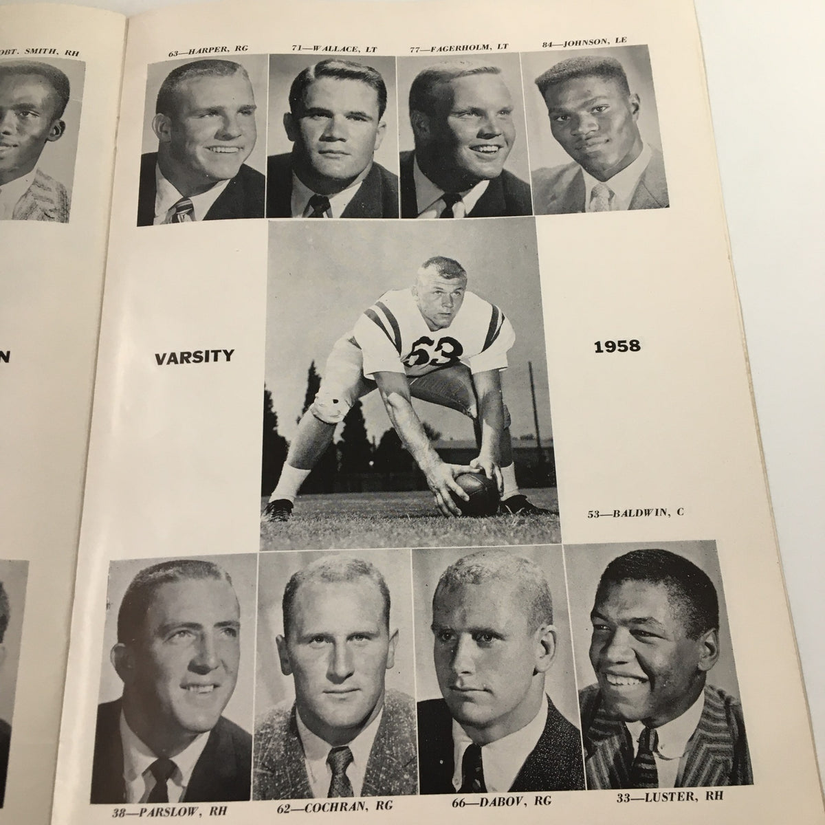 A page from the November 1 1958 NCAA Football Washington State College vs UCLA The Goal Post magazine featuring black and white photographs of football players including Baldwin, Parslow, Cochran, and Dabov. Includes player names and positions.