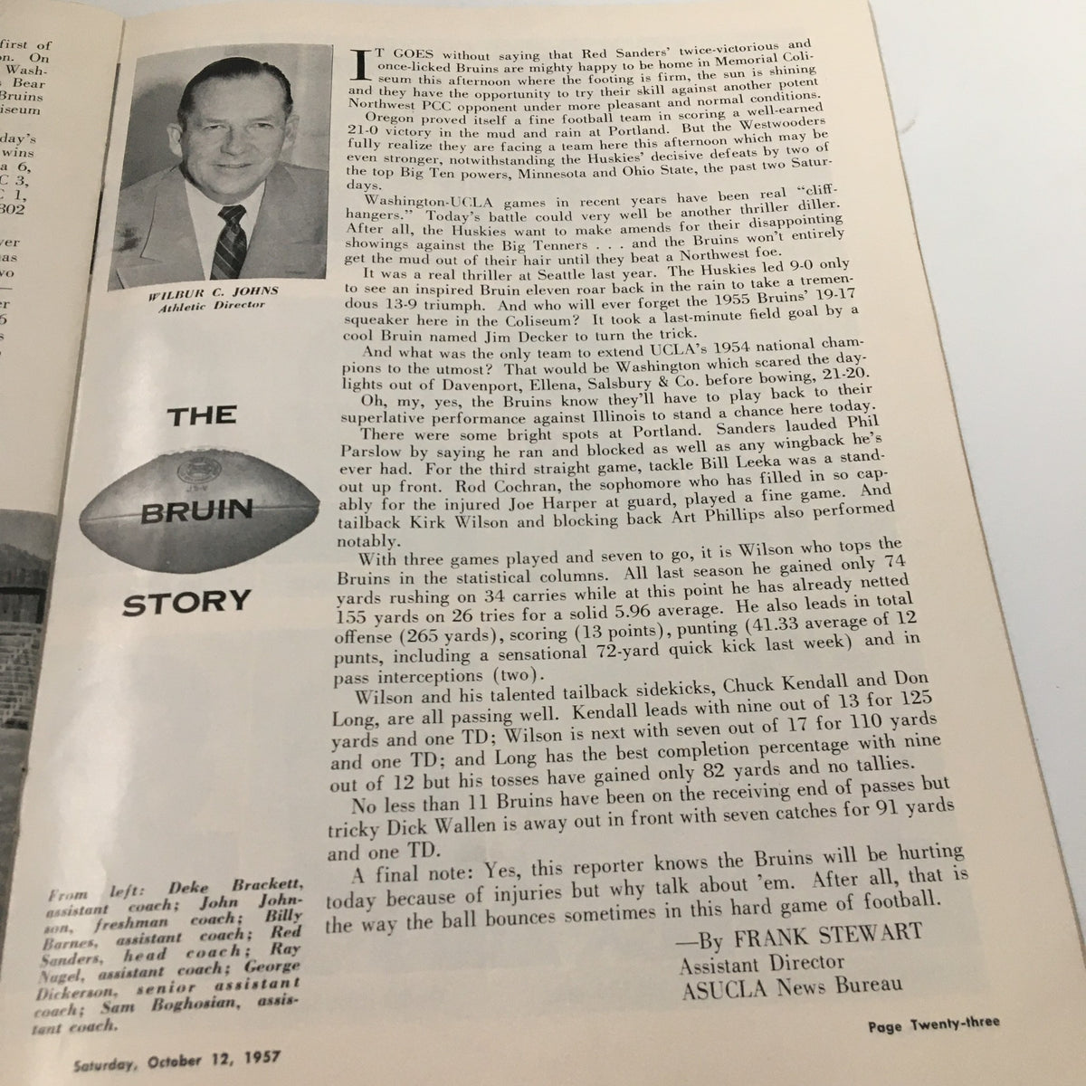 Article about the UCLA Bruins team in the October 12 1957 NCAA Football UCLA Bruins Official Program, discussing player performances and season insights.