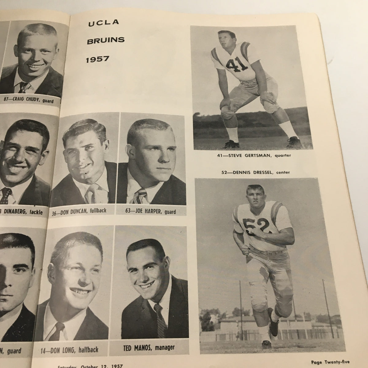 October 12 1957 NCAA Football UCLA Bruins Story The Goal Post Official Program presenting players Steve Gritsman and Dennis Dreissel.