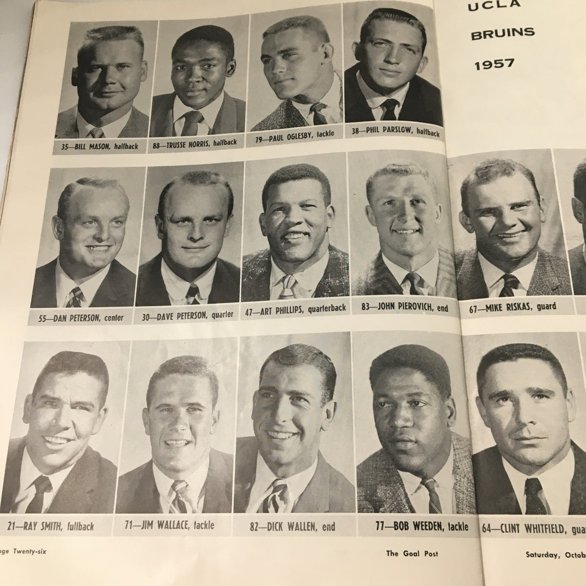October 12 1957 NCAA Football UCLA Bruins Story The Goal Post Official Program highlighting the UCLA Bruins football team roster with player names and positions.