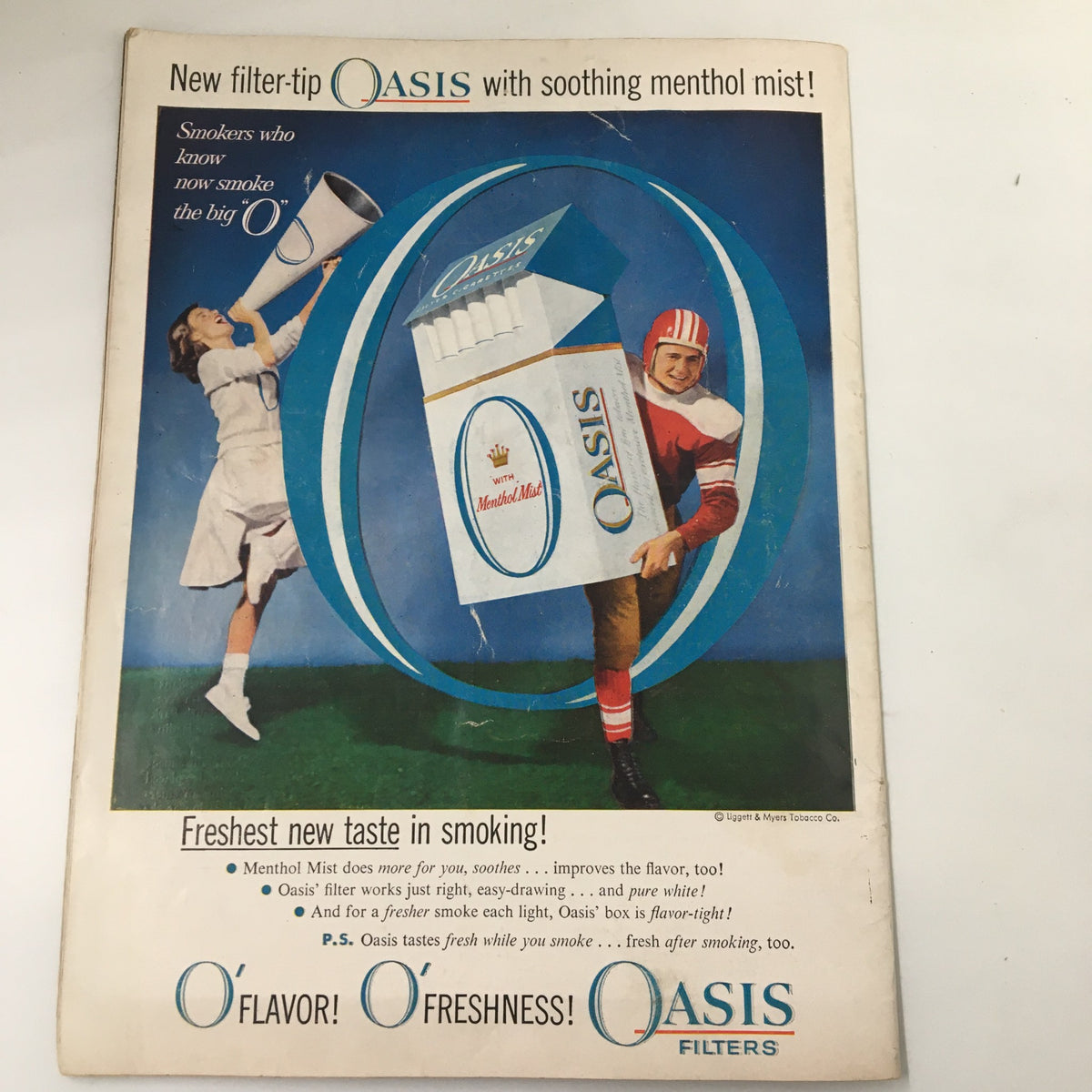 October 12 1957 NCAA Football UCLA Bruins Official Program showcasing a vintage advertisement for Oasis Filters with a colorful design, featuring a woman and a football player, illustrating the brand's fresh taste and appeal.