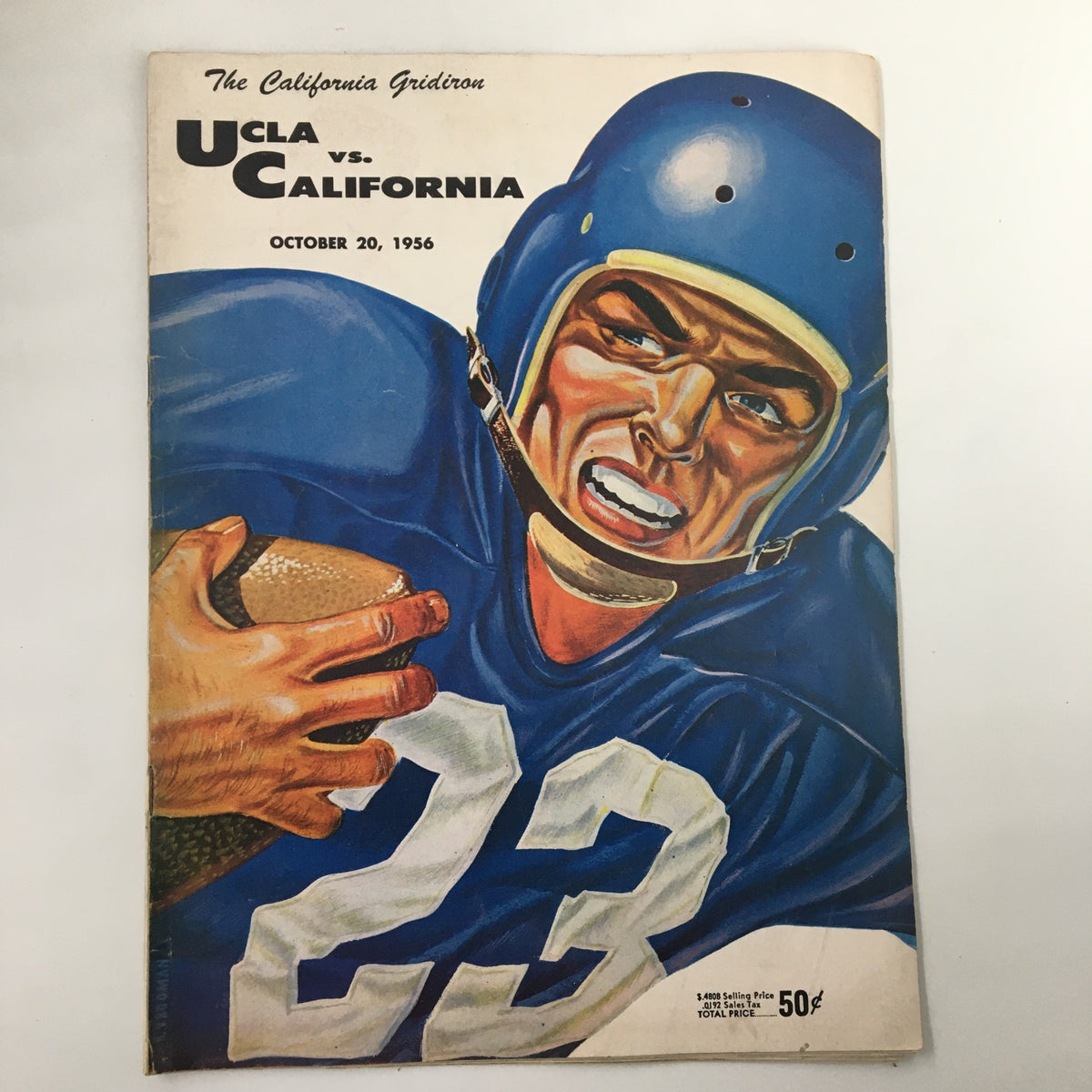 Vintage booklet cover from the October 20, 1956 NCAA Football game featuring UCLA vs California, showcasing a football player in action, part of 'The California Gridiron' memorabilia.