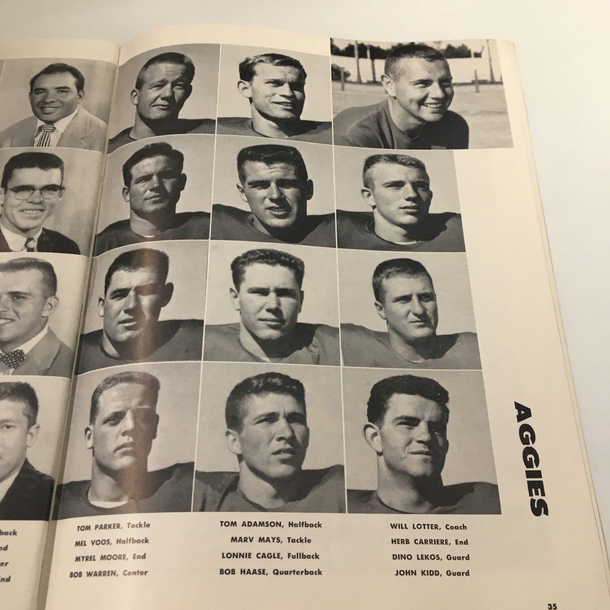 Black and white image of the Aggies team roster from October 20 1956 NCAA Football UCLA vs California, showing portraits of players and coaches who participated in the game.