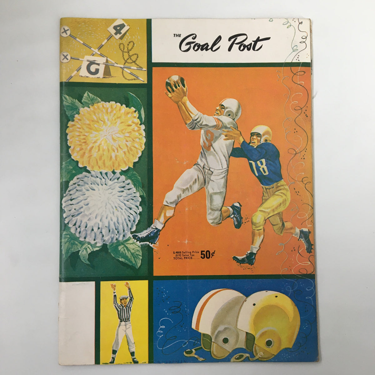 Cover of the official program for the November 20, 1954 NCAA Football game between USC and UCLA, featuring players in action and vibrant floral designs.