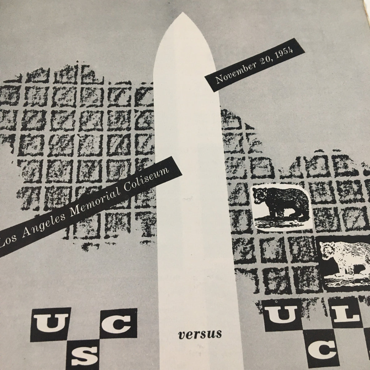 Interior page of the November 20, 1954 NCAA Football USC vs UCLA program highlighting the date and venue details at the Los Angeles Memorial Coliseum.