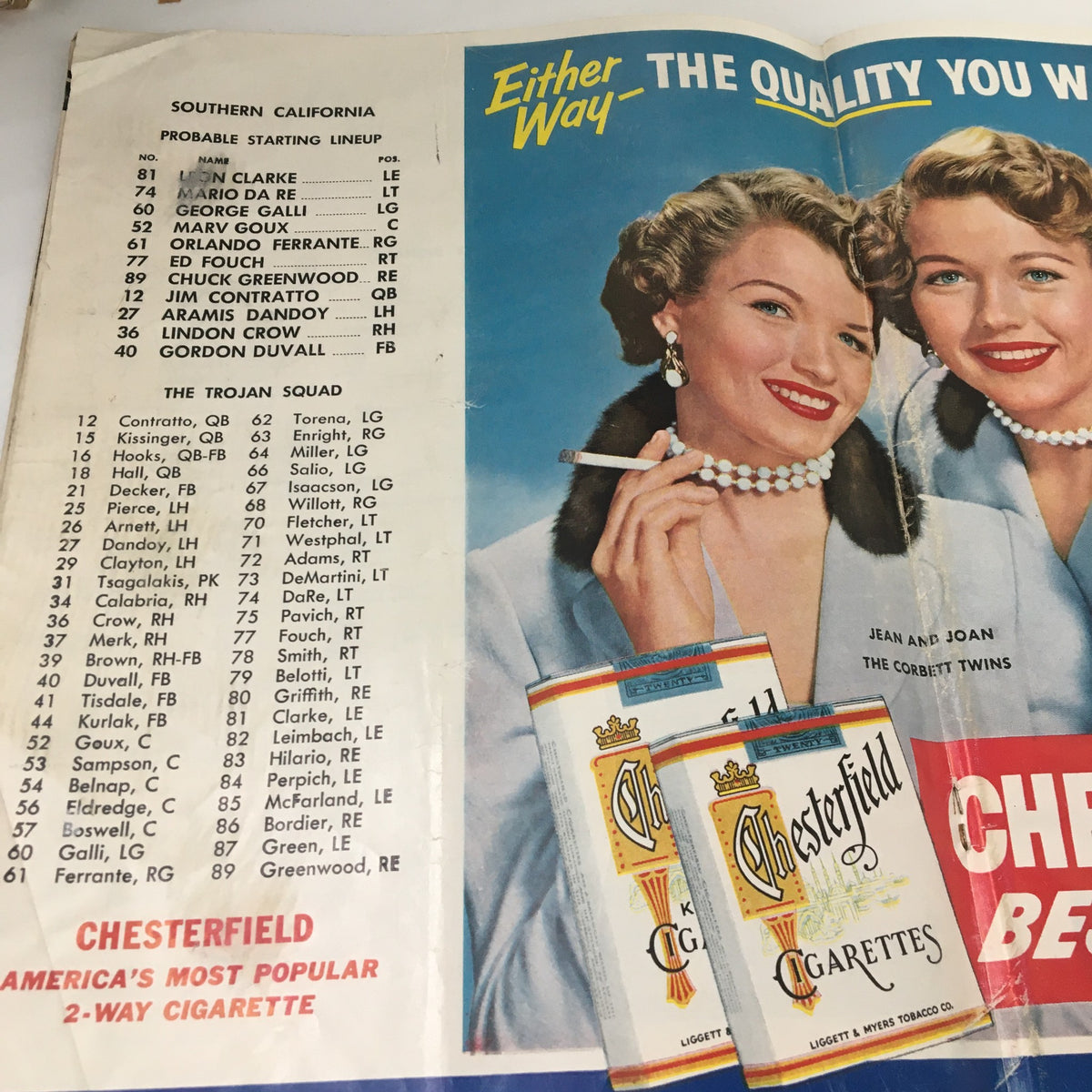 November 20, 1954 NCAA Football USC vs UCLA Official Program displaying the starting lineup for USC with notable players like John H. Clarke and Marian Gall.